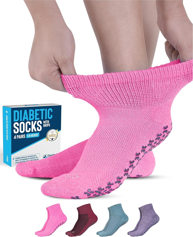 Doctor's Select Diabetic Ankle Socks with Grippers for Men and Women - 4 Pair 1/4 Length Neuropathy Socks for Women
