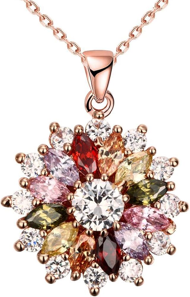 Colorful Snowflake Pendant Necklace, Rose Gold Plated Multi Gemstone Necklaces Marquise Cubic Zirconia Necklace for Women, 18+2 inch