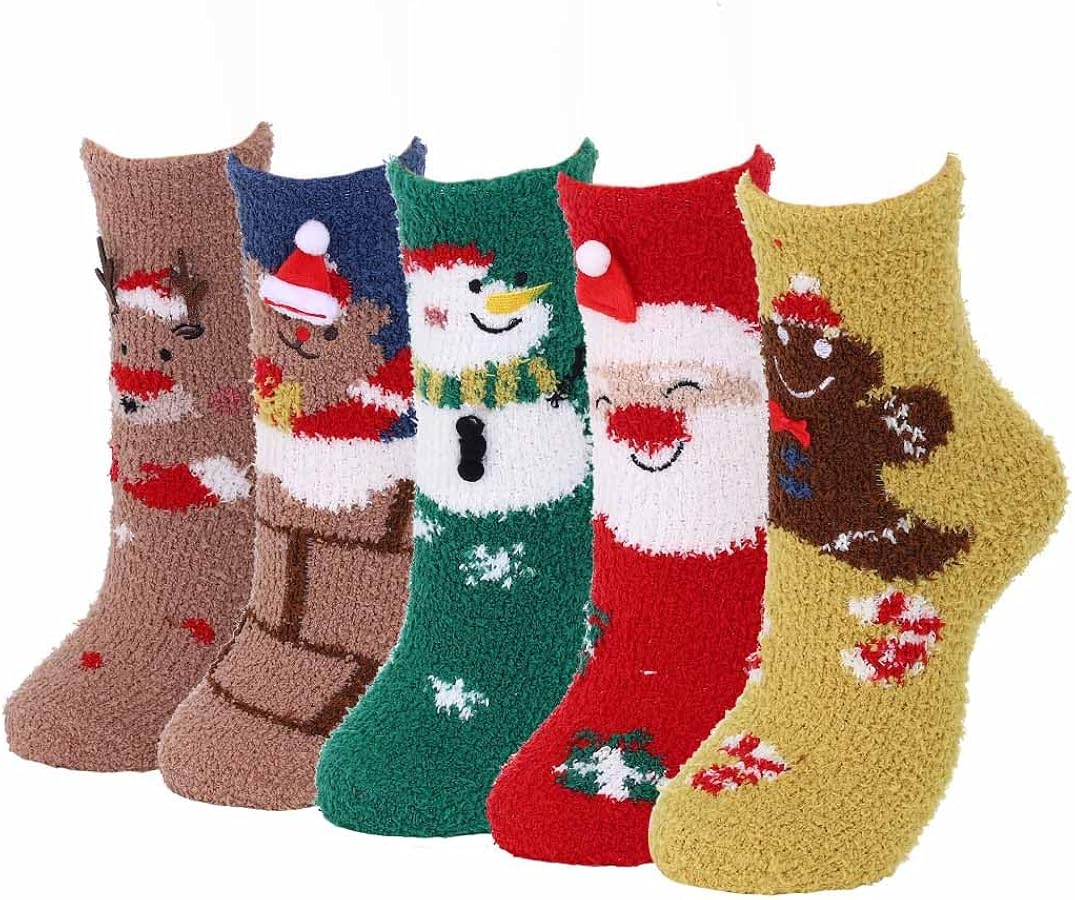 Campsis Christams Fuzzy Socks Fun Fluffy Sock Xmas Cozy Slipper Socks Women Warm Sock for Christmas (5 Pack)