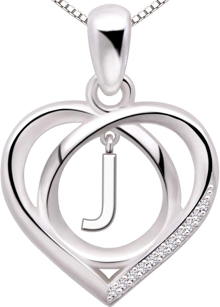 ALOV Jewelry Sterling Silver Initial Letter Alphabet Love Heart Cubic Zirconia Pendant Necklace