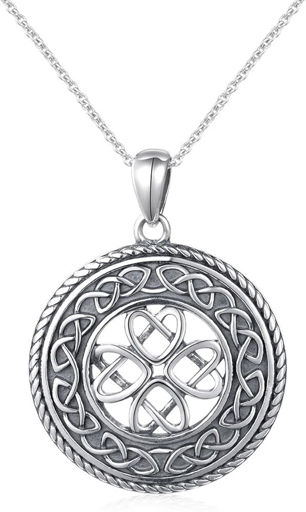 DAOCHONG 925 Sterling Silver Jewelry Oxidized Good Luck Irish Knot Celtic Medallion Round Pendant Necklace, 20 inch