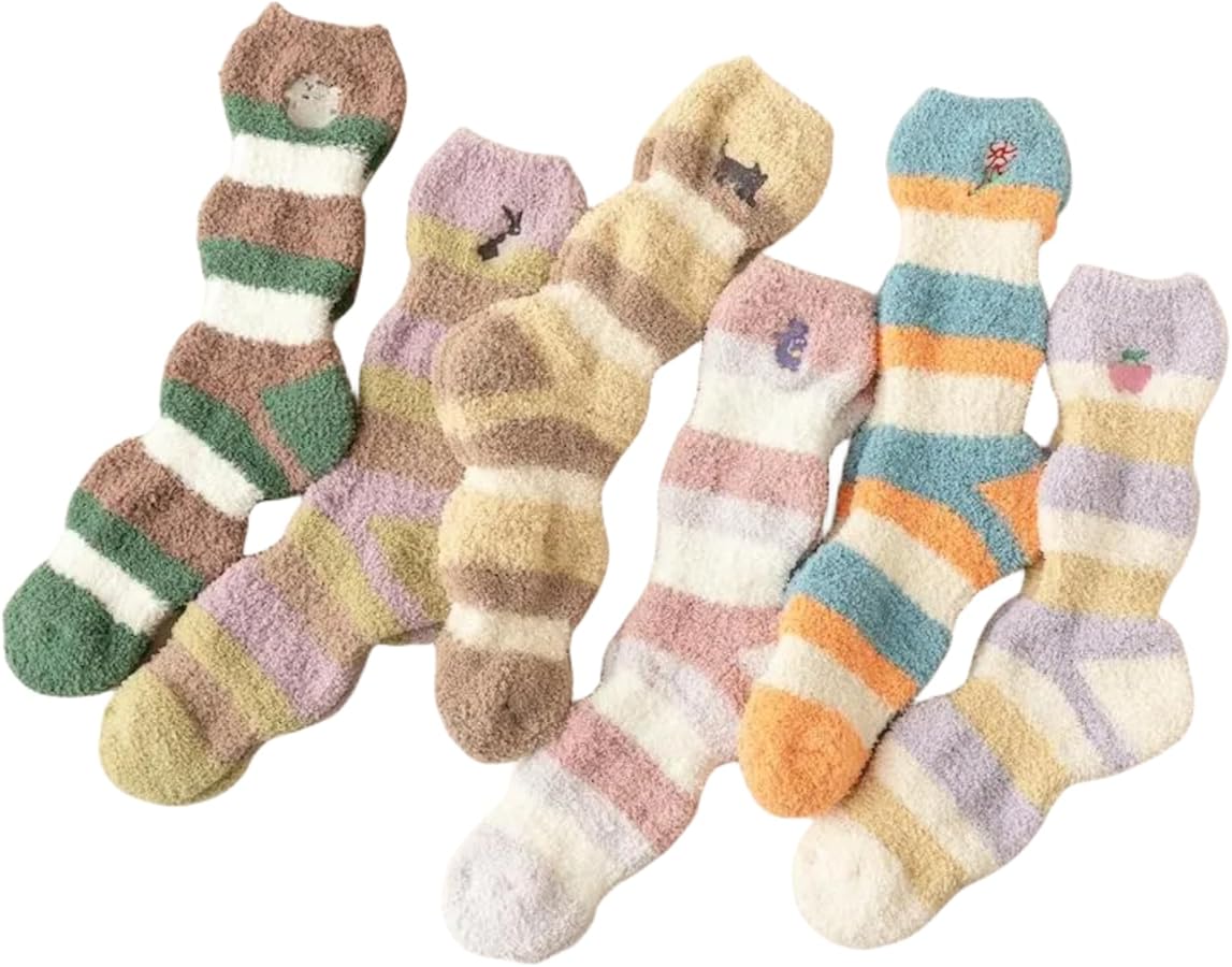 Cute Fuzzy Socks, Women Warm Winter Slipper Socks, Soft Casual Socks, Cozy Athletic Fleece Socks, Thicker Plush Crew Socks for Sleep Home, 6 Pairs, Size 5-9