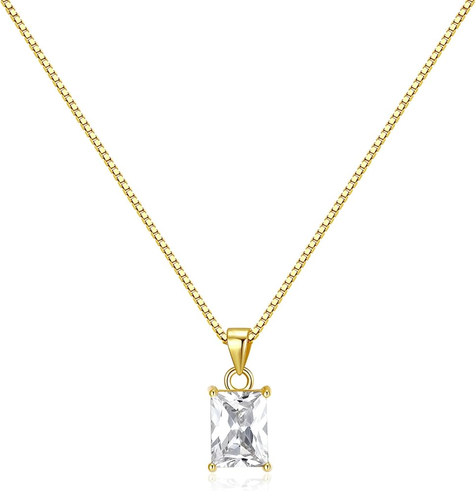 Baguette CZ Pendant Necklace | 14K Gold Plated Sterling Silver | Emerald Baguette Pendant Dainty Box Chain Necklace 18''