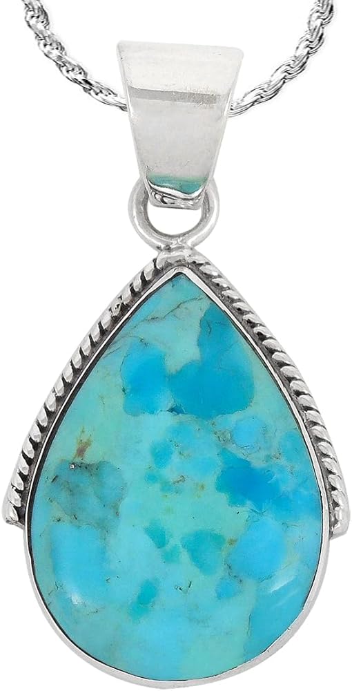 Turquoise Necklace Pendant 925 Sterling Silver Genuine Gemstones (with 20" Rope Chain)
