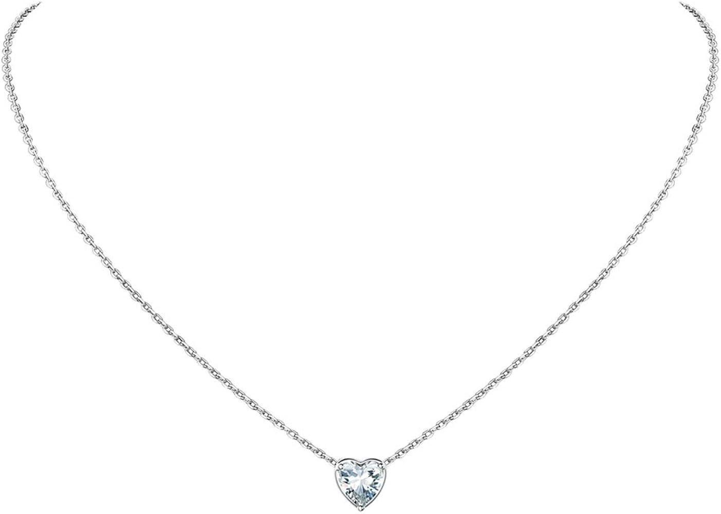 Suplight Dainty 925 Sterling Silver Birthstone Heart Crystal Necklace/Stud Earrings, Minimalist BirthStone Necklaces Earrings Jewelry for Women (with Gift Box)