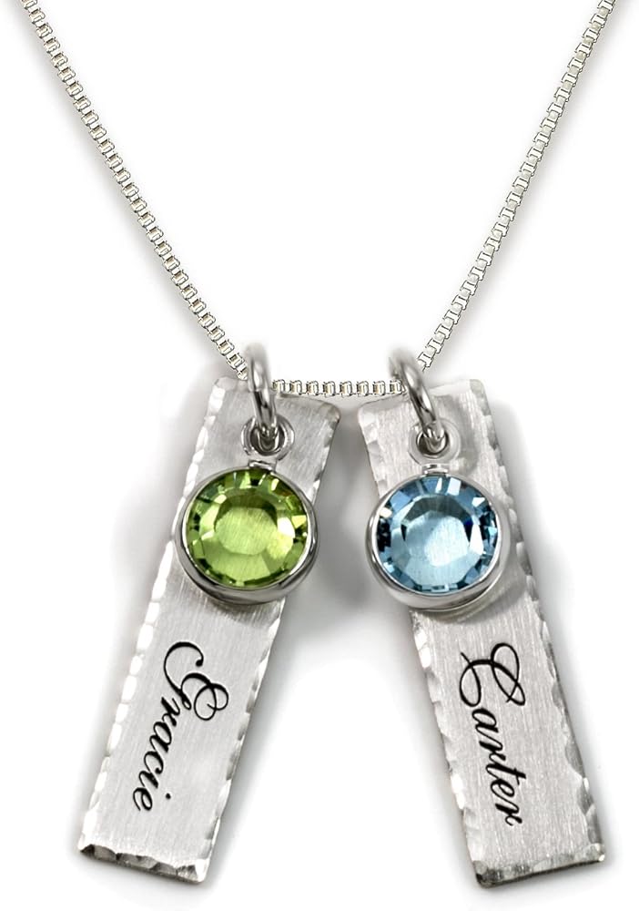 Unity in Two Personalized Charm Necklace. Customize 2 Sterling Silver Rectangular Pendants with Names of Your Choice. Choose 2 Swarovski Birthstones, and 925 Chain. Makes Gifts for Her