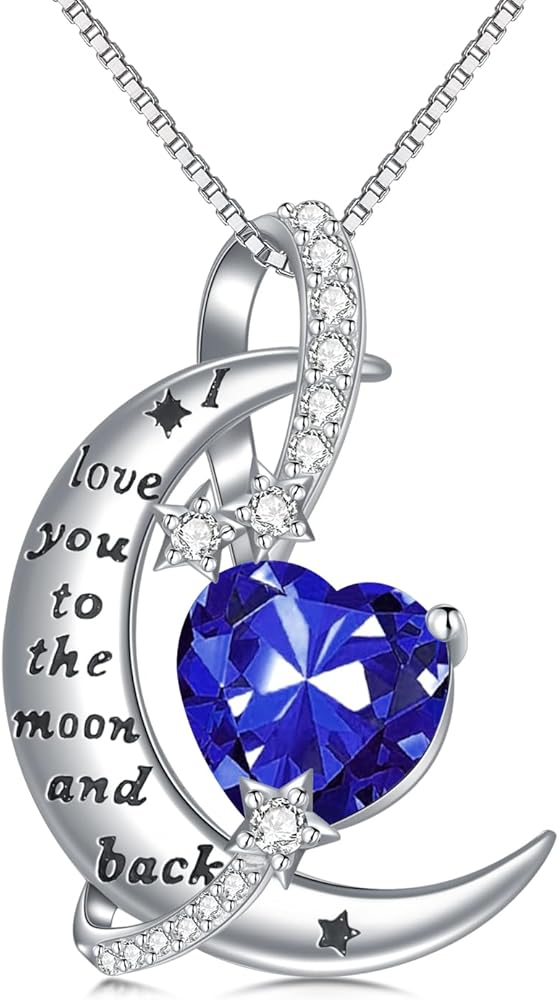 TOUPOP I Love You to The Moon and Back Birthstone Necklaces for Women White Gold Plated S925 Sterling Silver Moon and Star Pendant Necklaces Anniversary Jewelry Birthday Gifts for Wife Girlfriend