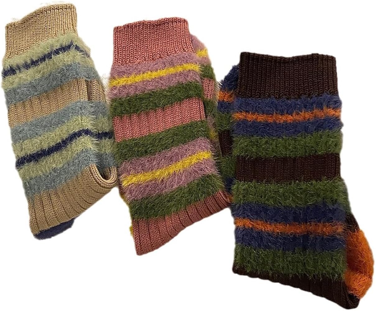 Fuzzy Striped Socks 3Pairs Winter Warm Fluffy Comfy Sleeping Socks for Women Girls