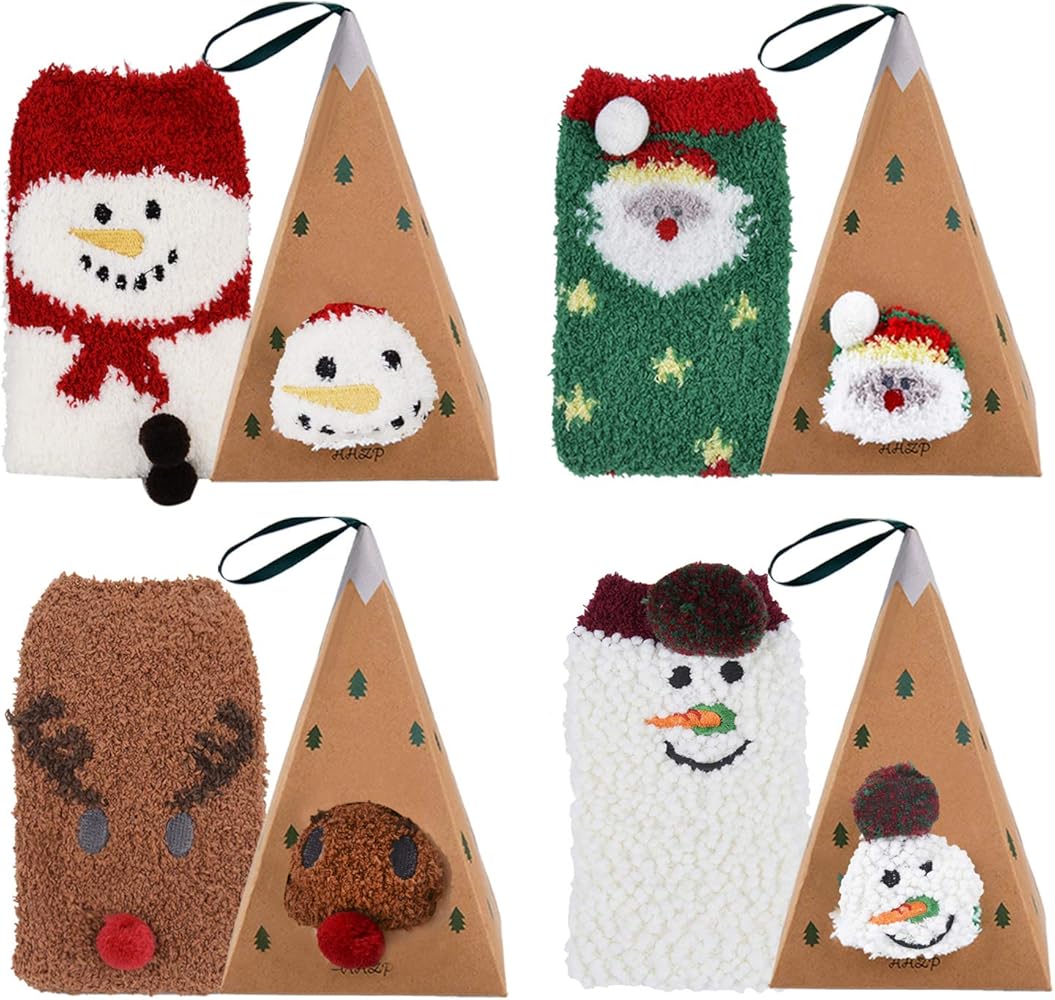 Christmas Fuzzy Socks,4 Pairs Christmas Holiday Socks Soft Cozy Socks Warm Slipper Winter Socks for Women