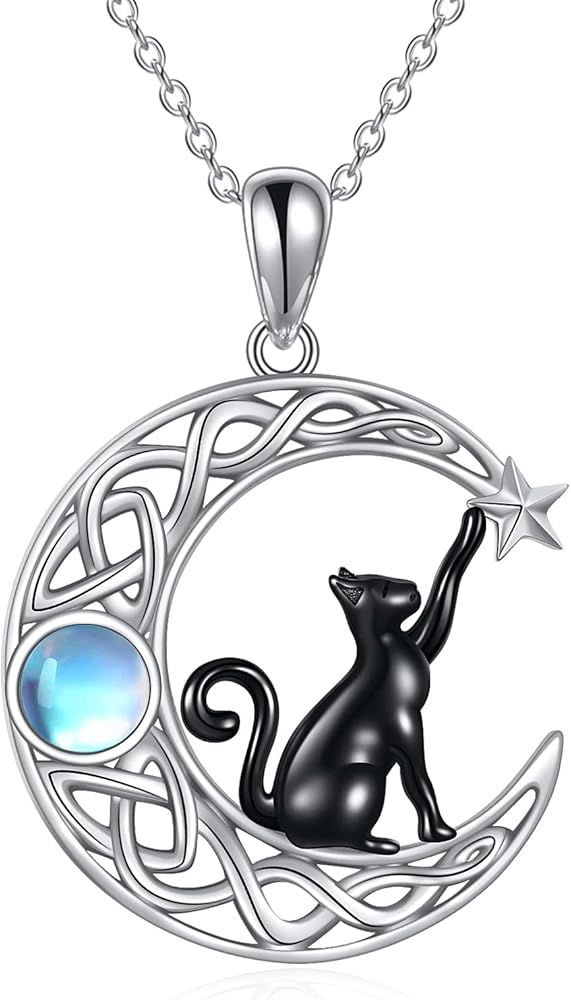 Celtic Moon Black Cat Necklace for Women Abalone Tree of life Necklace 925 Sterling Silver 2 Cat Jewelry for Women Cat Lovers