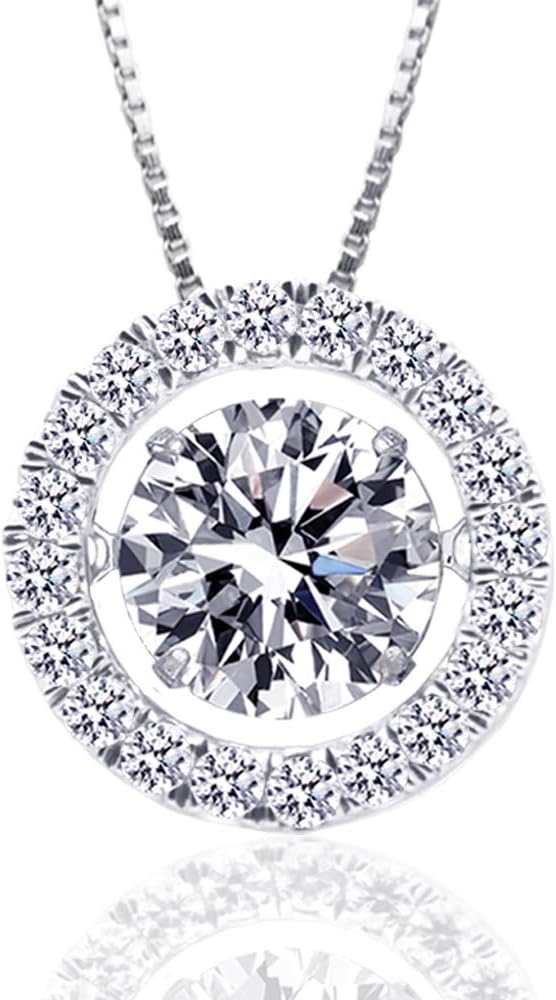 Silver Necklace for Women, 1 Carat Dancing Diamond Cubic Zirconia Halo Pendant with 18"+2" Adjustable Chain, Anniversary, Birthday, Christmas Gift for Wife, Mom, Girlfriend