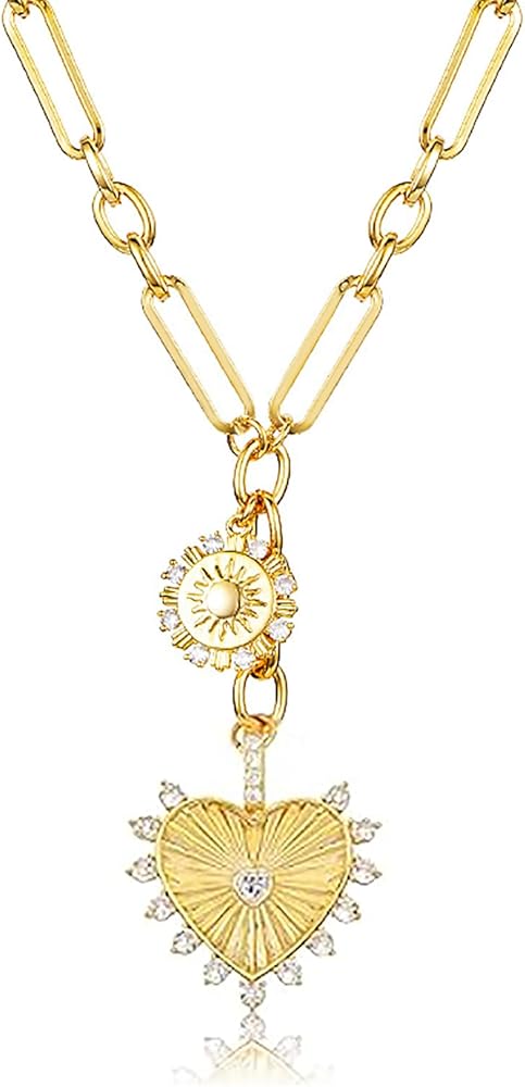 Chunky Charm 18k Gold Plated Choker Necklace for Women,Sun Heart Evil Eye Pendant Paperclip Chain Necklace,Popular Summer Statement Vintage Jewelry Boho Necklaces for Women