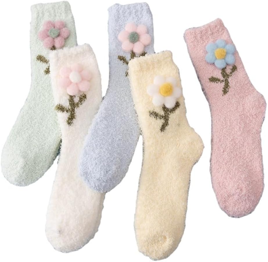 Women Fuzzy Socks Y2K Kawaii Floral Cozy Fluffy Warm Slipper Socks Plush Fleece Winter Thermal Home Sleeping Socks