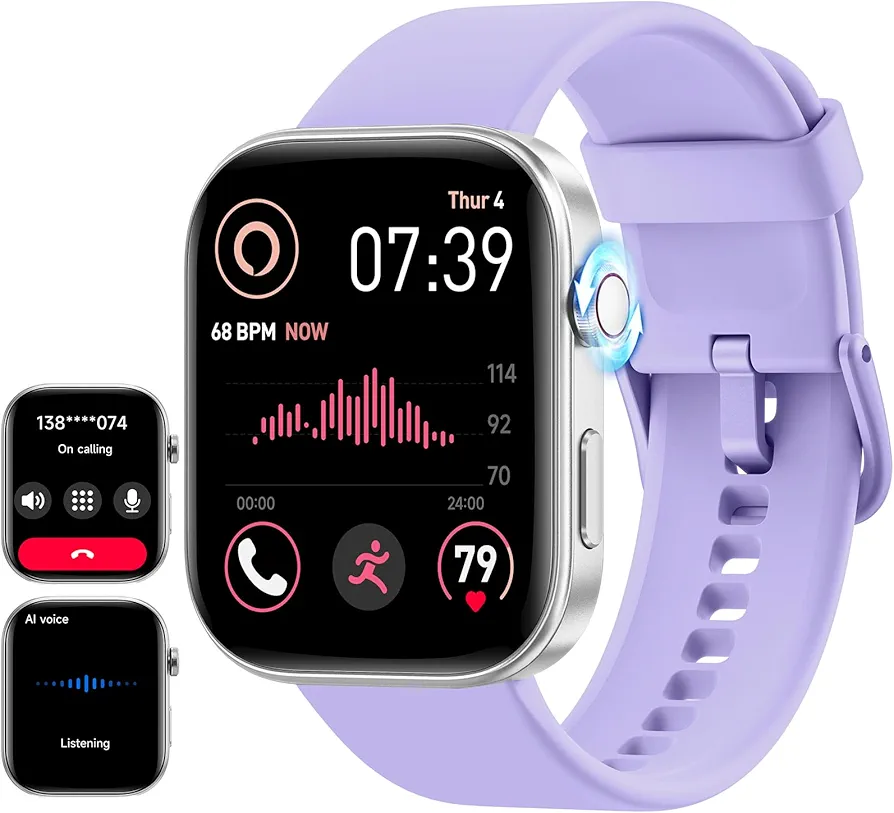 ENOMIR Smart Watch for Women iPhone & Android,1.99" AMOLED Screen 3ATM Waterproof Fitness Watch with Answer/Make Call AI Voice,24H-Heart Rate/SpO2/BP Monitor,120+ Sports Modes (Light Purple)