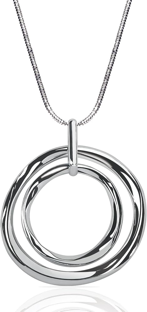 Silver Gold Double Circle/Ginkgo Necklace, Long Silver Necklace Sweater long Silver Chain for Women Silver Circle Large Pendant Womens Jewelry Silver Statement Necklace for Women Gift for Her