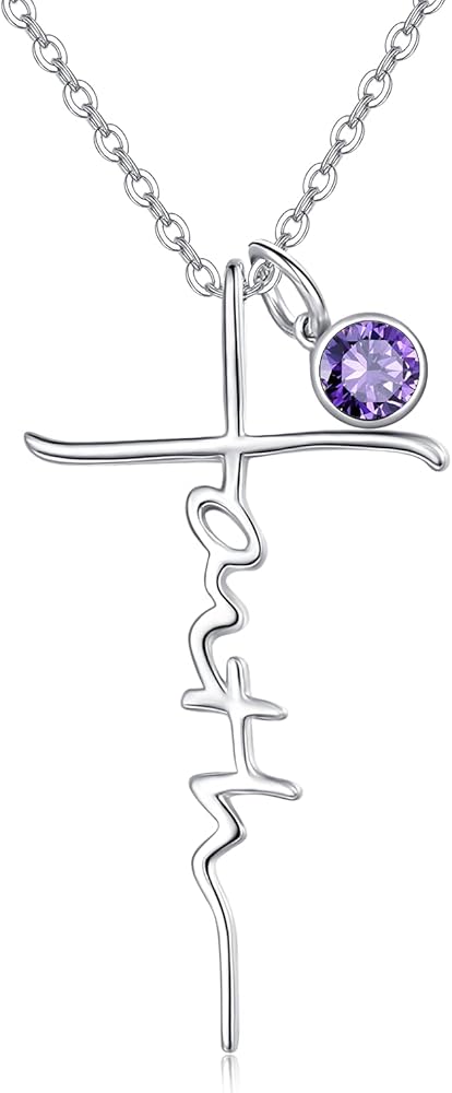 PRAYMOS Faith Necklace for Women 925 Sterling Silver Cross Pendant Necklace Birthstone Initial Necklace Christian Religious Jewelry Gifts