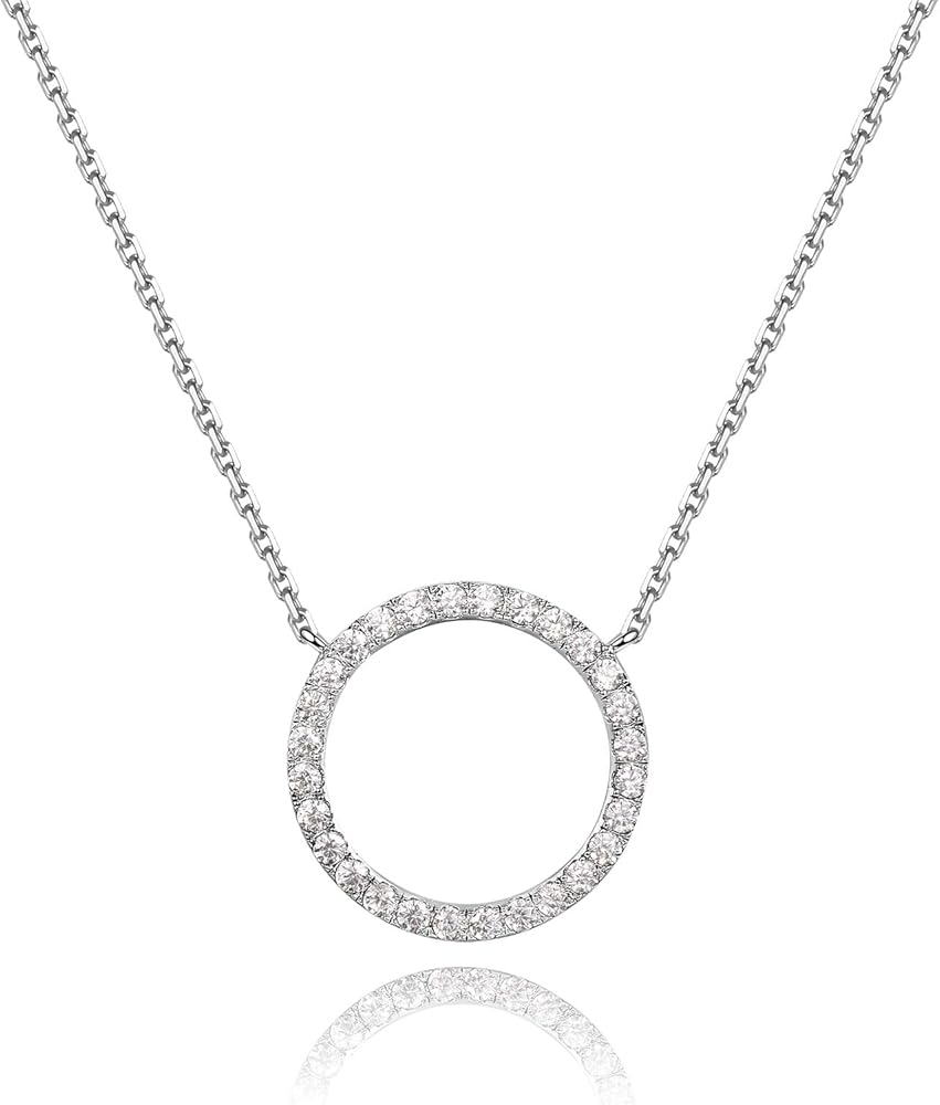 Rhodium Plated Paved Circle Pendant Sterling Silver Necklace for Women