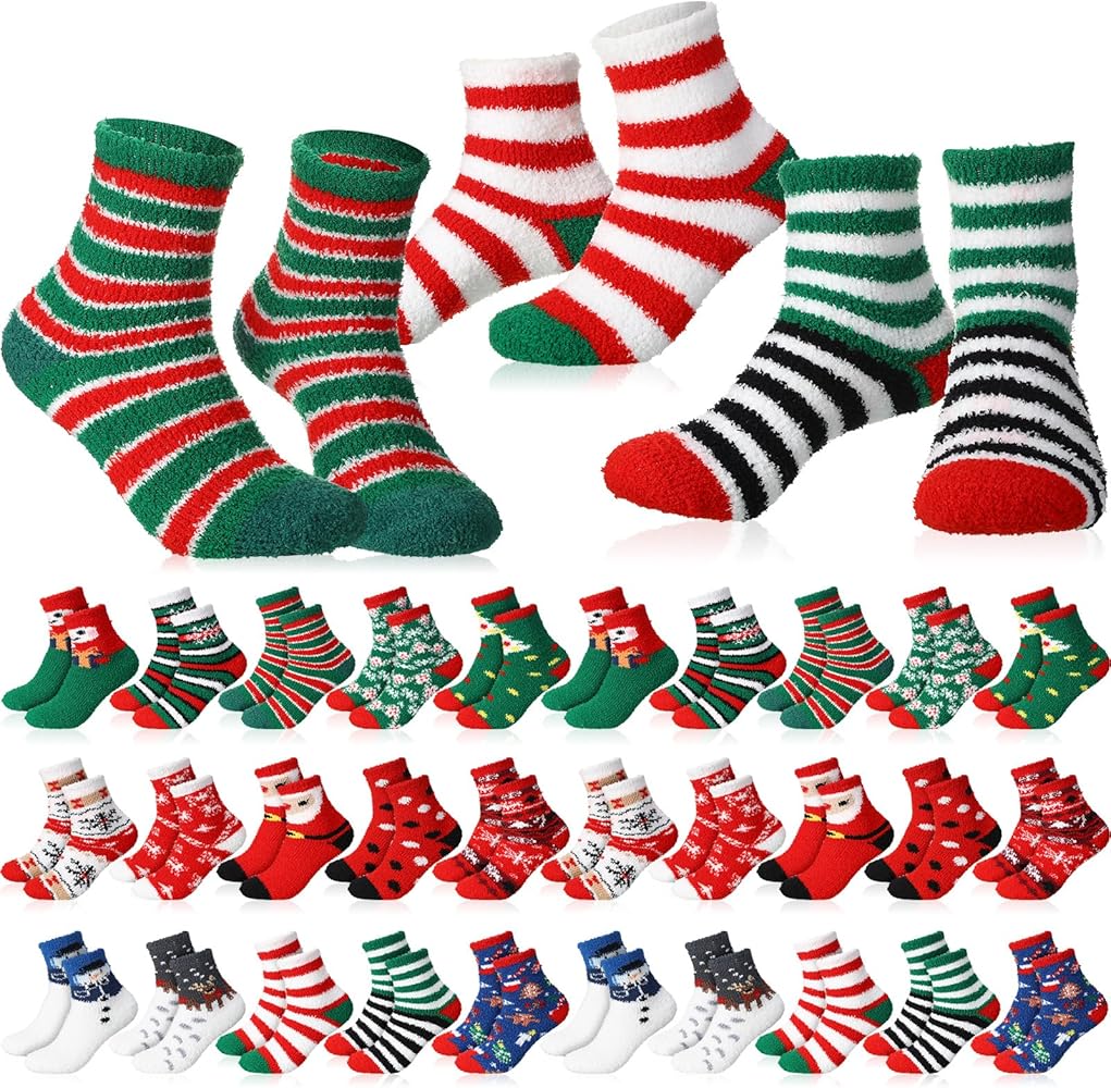 Geyoga 30 Pairs Christmas Fuzzy Cotton Socks Bulk for Women Cozy Fluffy Winter Warm Slipper Xmas Holiday Gifts for Adult Men