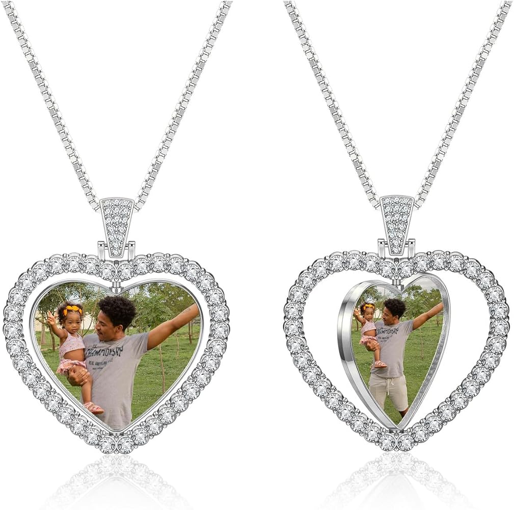 Zysta Personalized Picture Necklace Love Heart Double Sided Photo Custom Memory Pendant Full Color Photo Engraved Rotating Necklace Hip Hop Jewelry for Men Women