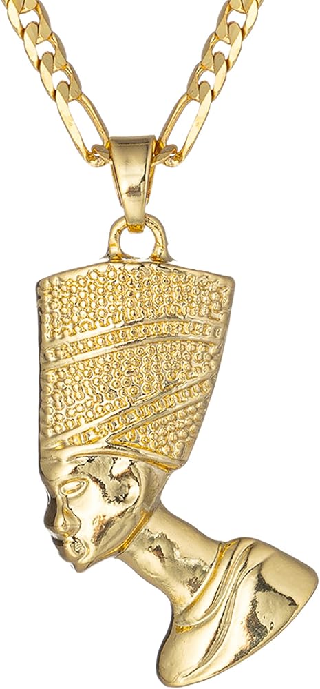 kelistom Egyptian Queen Nefertiti Pendant Necklace for Women 18K Gold Silver Tone Stainless Steel Pendant Necklace 3mm Figaro Chain Necklace