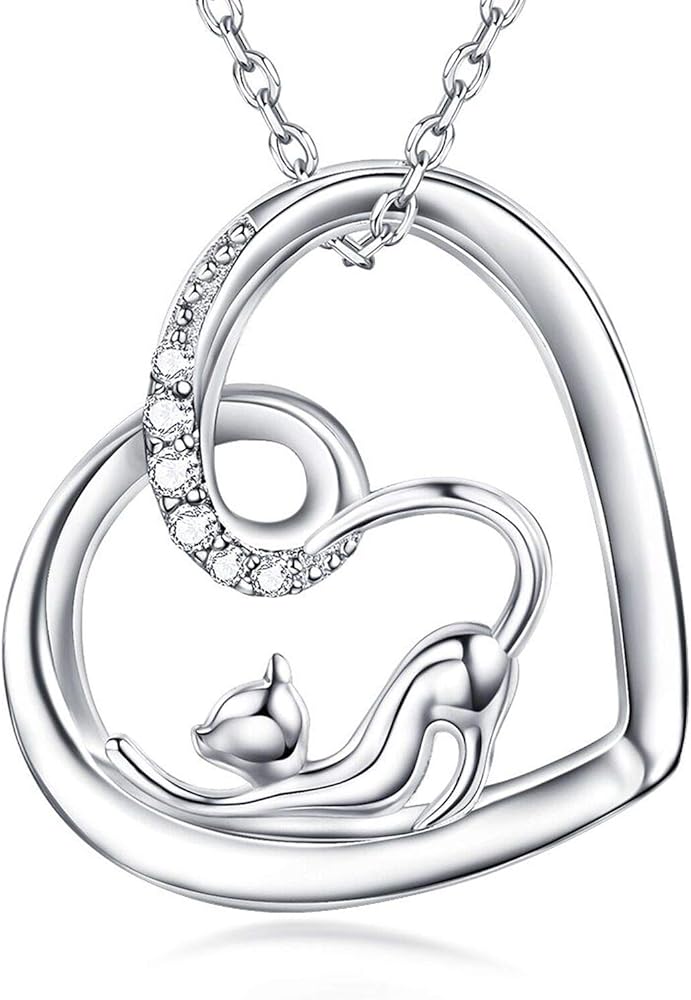 AmorAime 925 Sterling Silver Cat Necklace for Women Heart Necklace Fashion Cute Cat Pendant Dainty Necklace Gift for Festival, Vacation or Holiday