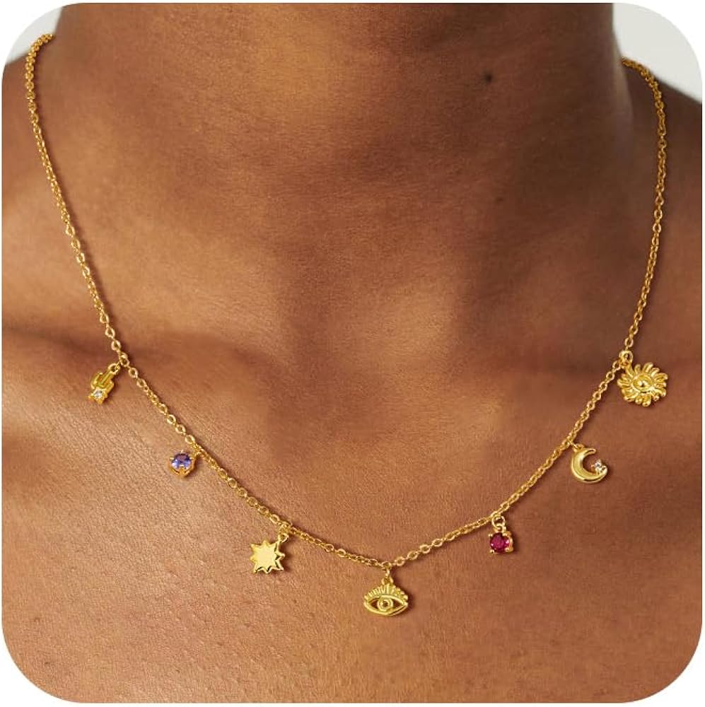 Gold Necklace for Women, 14K Gold Charm Necklace Dainty Choker Necklace for Women Trendy Adjustable Pendant Necklaces Layering Chain Necklace Jewelry for Women