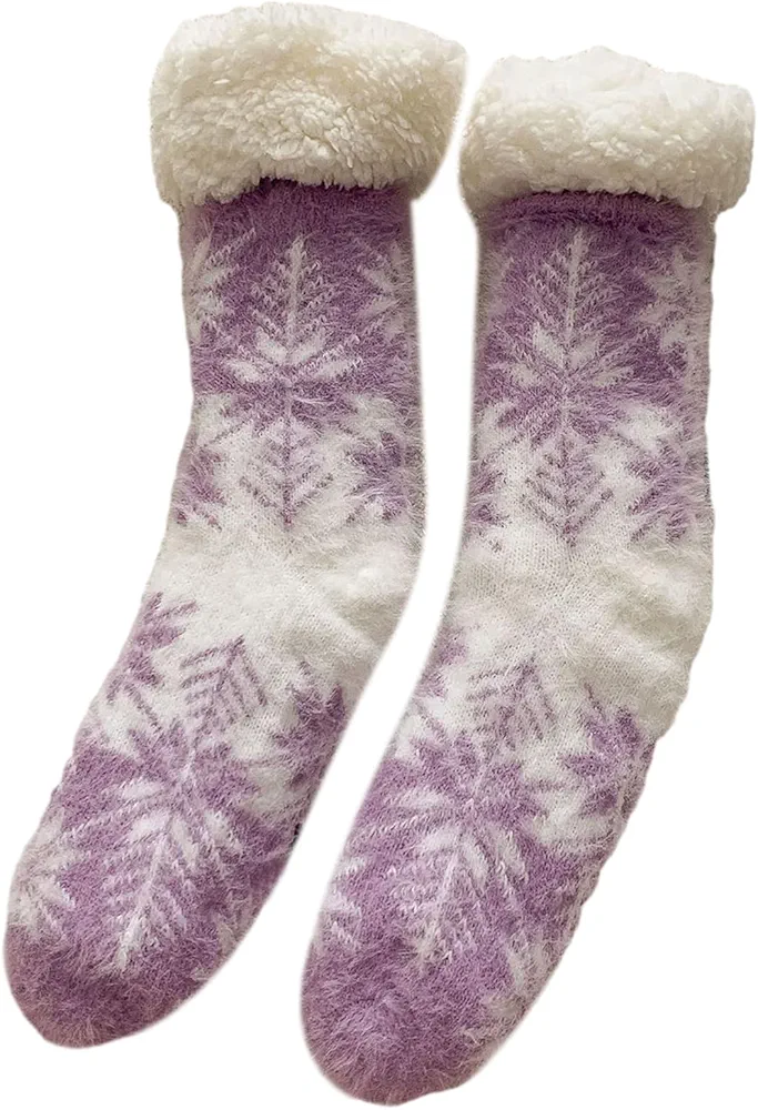 Womens Christmas Fleece Lining Fuzzy Slipper Socks with Grippers Snowflake Pattern Winter Thermal n-Slip Floor Socks