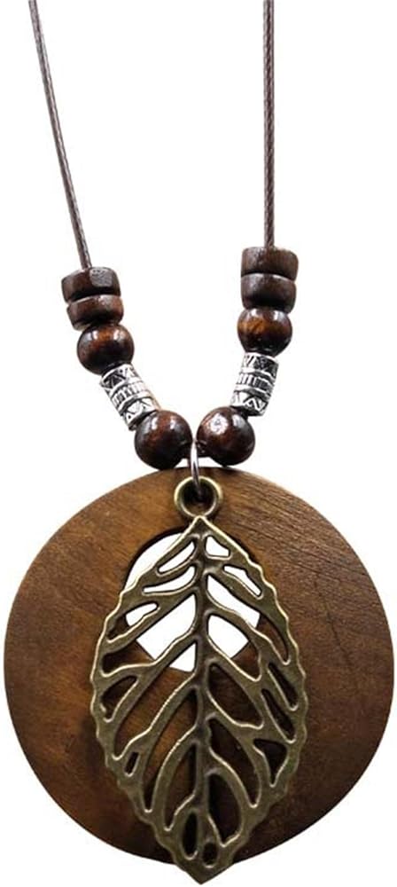 KIFEDSLJ Wooden Pendant Necklace with Owl Leaf Elephant Flower Handmade Vintage Bronze Leaf Long Leather Chain Sweater Necklace for Women