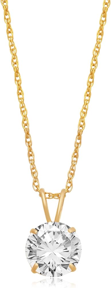 10K Solitaire Pendant Necklace for Women | Yellow or White Gold 6.5MM (1 Cttw) or 7.5MM (1.5 Cttw) or 8.0MM (2.0 Cttw) Round Cut Cubic Zirconia Necklace | 18” Rope Chain | With Jewelry Gift Box