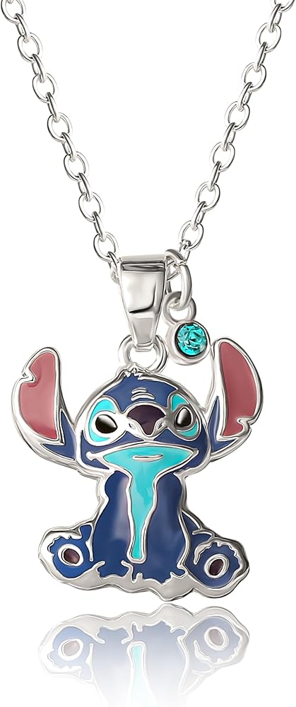 Disney Stitch Necklace for Women with Crystal Charm, 18" Silver Flash-Plated Sitting Stitch Pendant Necklace Official License
