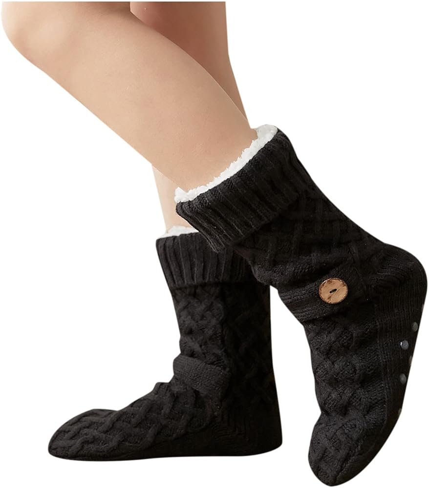 Oplxuo Womens Slipper Socks with Grippers Ladies Warm Cable Knit Fuzzy Socks Winter Cozy Fleece-lined Non Slip Slipper Socks
