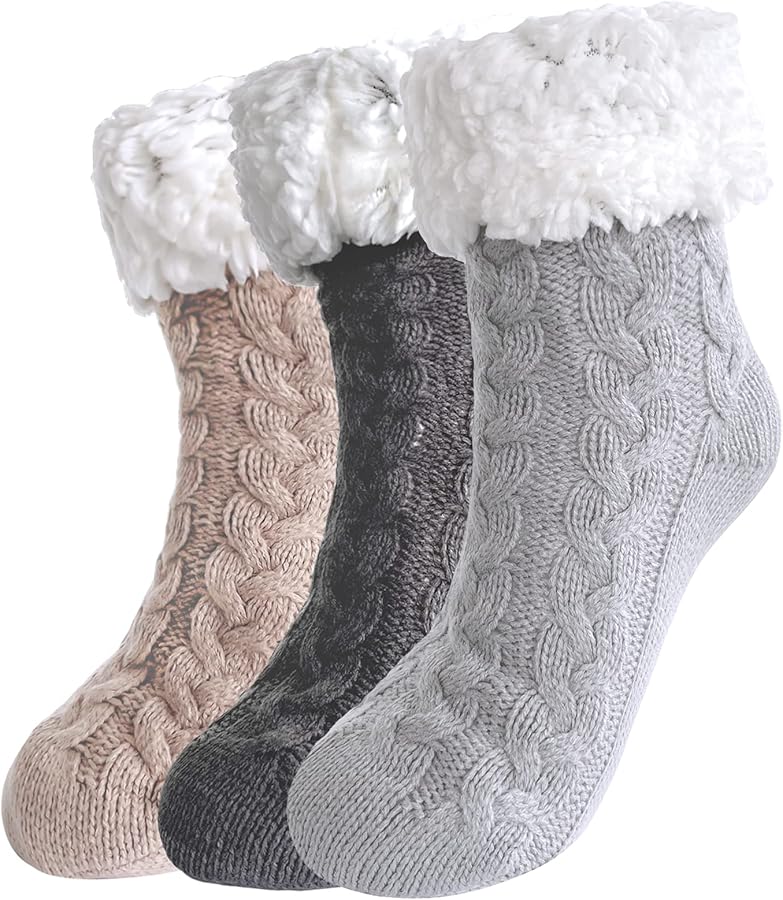 3 Pairs Winter Fuzzy Socks for Women Non Skid, Warm Thermal Sleep Plush Fuzzy Slipper Socks for Winter, Cozy Soft Fluffy Christmas Gift Socks(Grey+Black+Beige)