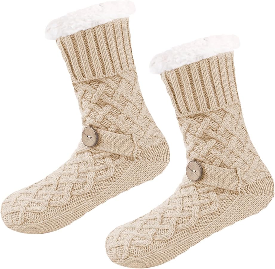 GIBZ Jacquard Fluffy Slipper Socks for Women, Non Slip Thick Floor Bed Socks, Warm and Soft Fleece Lined for Winter