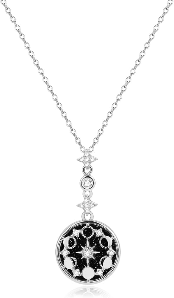 SLOONG 925 Sterling Silver Blue Sandstone Moon Star Phase Necklace Earrings 18K Gold Plated Necklace Birthday Gift for Women Girlfriend