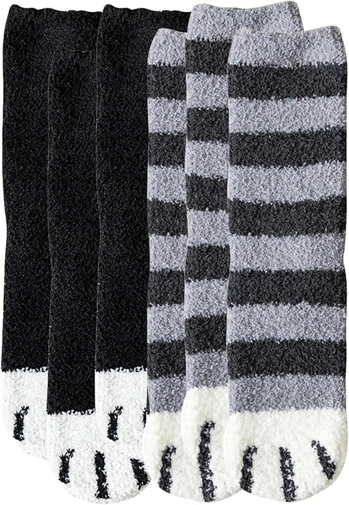 EFOFEI Womens 6 Pairs Fuzzy Cat Socks Winter Cozy Fleece Slipper Socks Coral Sleep Socks