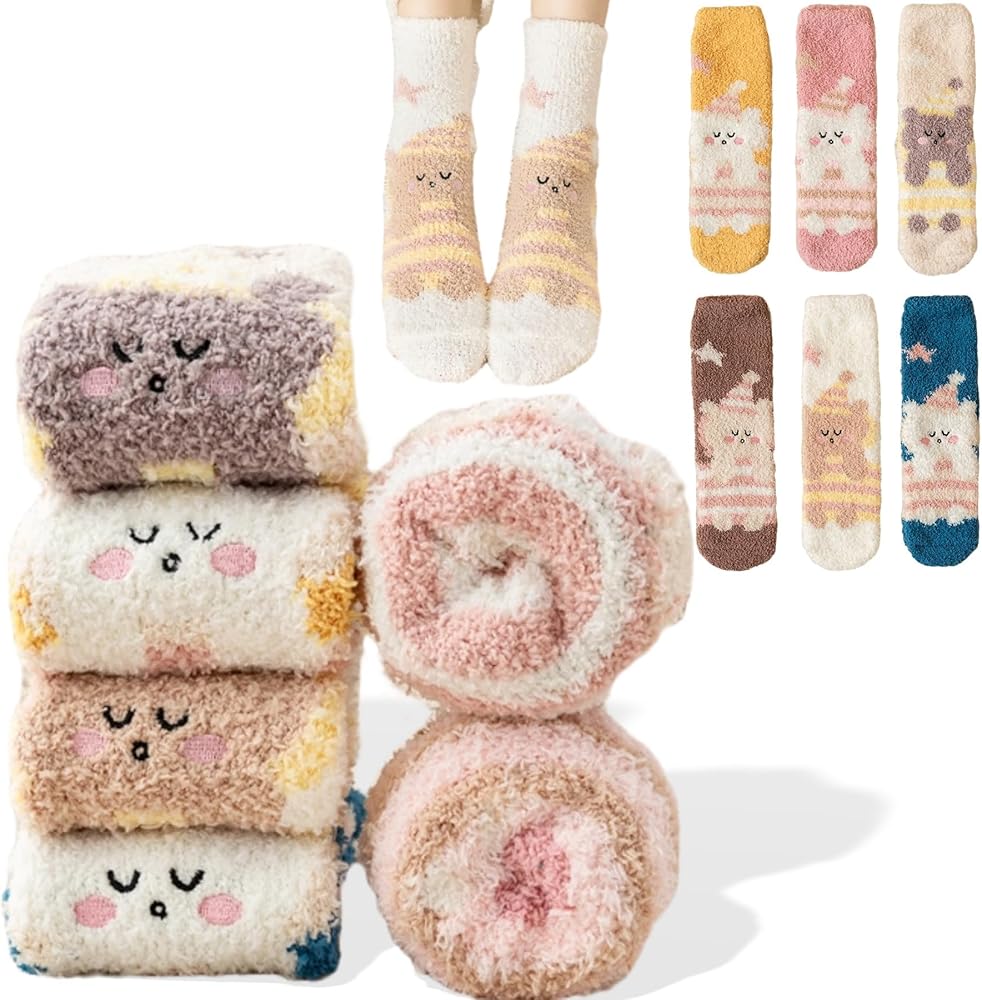Fuzzy Socks for Women 6 Pairs Slipper Socks Funny Fluffy Socks Cartoon Bear Sock Plush Coral Fleece Cozy Sleeping Sock