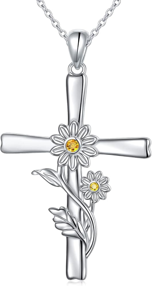 Daisy Cross Necklace for Women 925 Sterling Silver Flower Pendant Necklaces Christian Jewelry Gift for Women