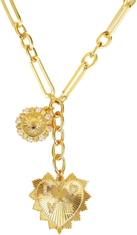 Chunky Gold Necklace for Women Trendy 18K Gold Sun Pendant Necklaces Heart Choker Necklace Coquette Love Jewelry