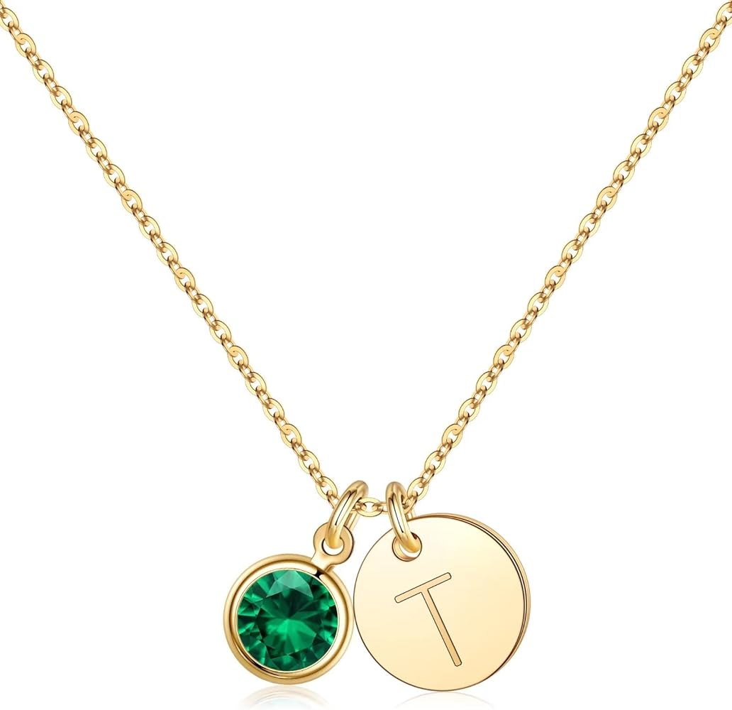 Hidepoo Initial Birthstone Necklace for Women Girls Gifts, 14K Gold Plated Disc Initial Necklace Jewelry Gifts Birthstone Necklace Personalized Initial Birthstone Necklace Birthday Gifts