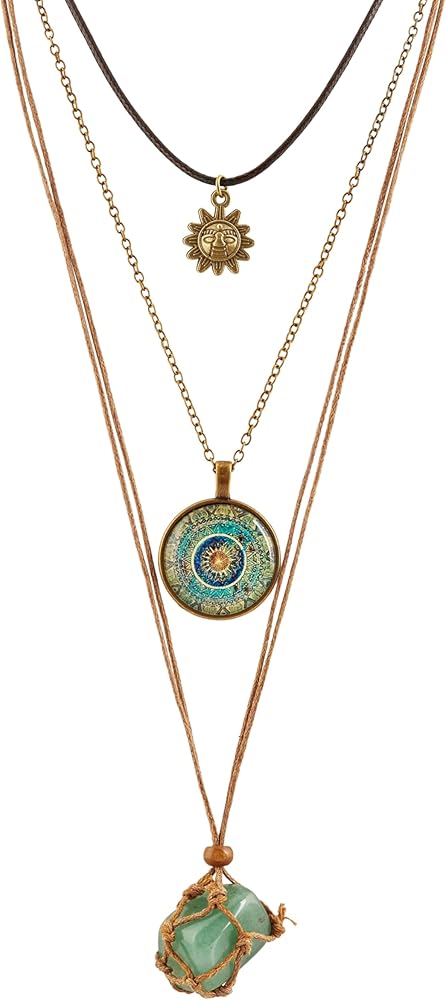 MINACHI Bohemian Retro Style Multi Layer Necklace, Green Crystal Sun and Floral Pendant, Ethnic Jewelry for Women
