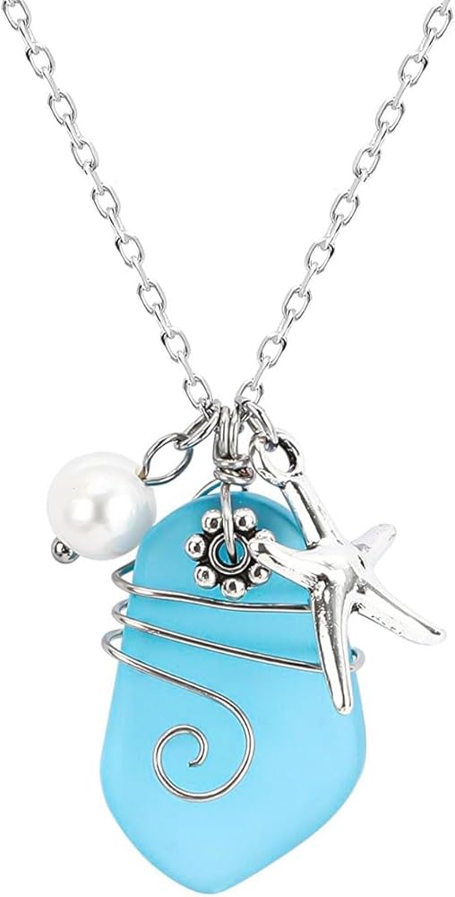 Sea Glass Jewelry Handmade Necklace for Women Coastal Wire Wrapped Beach Necklaces with Starfish Pendant and Freshwater Pearls Ocean Inspired Seaglass Beach Present
