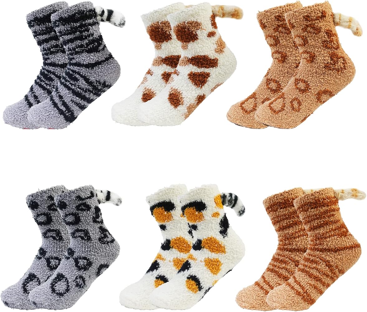 OLizee® 6 Pairs Coral Fleece Floor Socks Cat Tail Socks Winter Fuzzy Socks Home Slipper Socks Warm Sleeping Socks for Women Girls