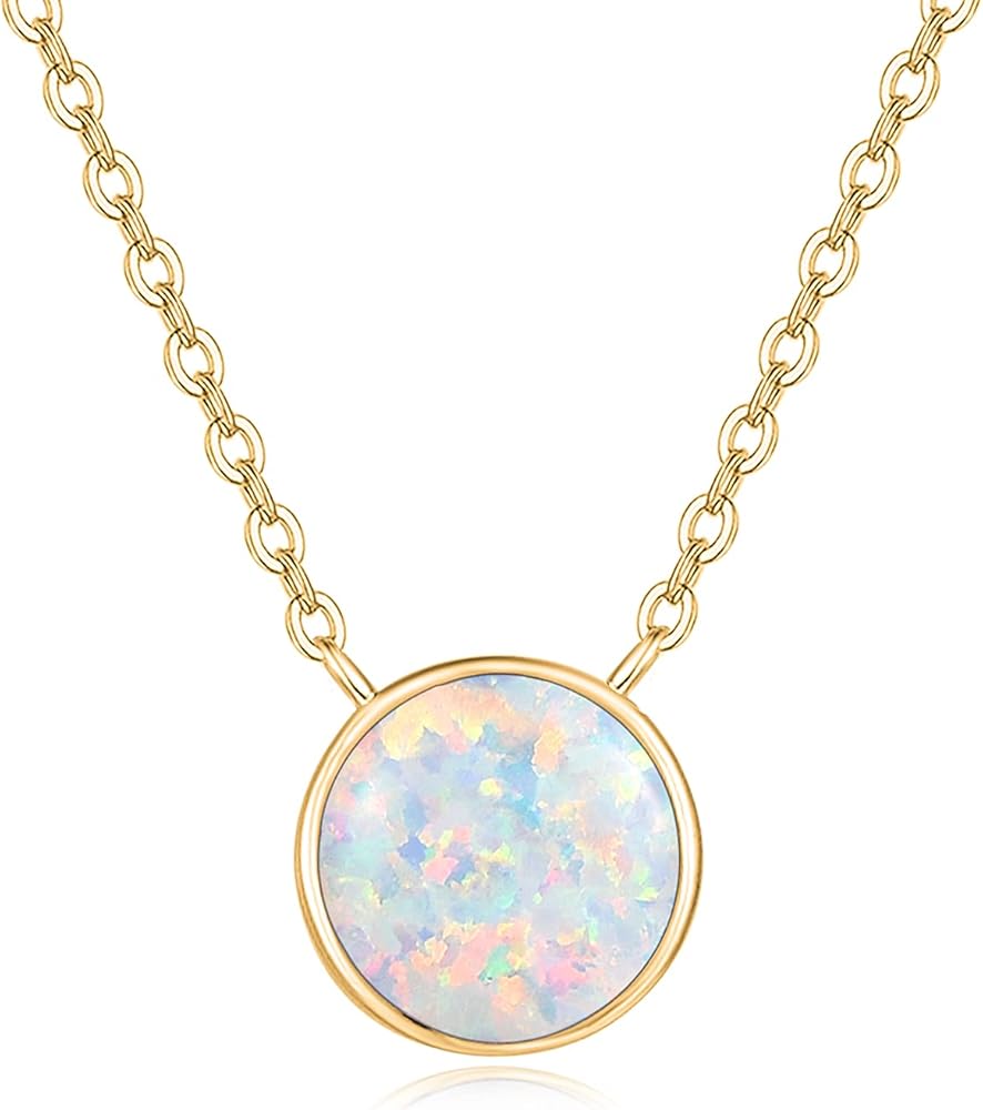 TANGPOET Dainty 8mm Opal Necklace for Women 925 Sterling Silver Round Circle Pendant Necklace Lab Created Opal Jewelry Gift for Birthday Christmas with 18"+2" Chain