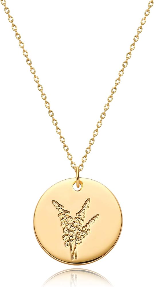MYEARS Women Birth Flower Necklace Gold Coin Engraved Disc 12 Month Flower Bouquet Pendant 14K Gold Plated Dainty Chain Personalized Floral Jewelry Birthday Gift