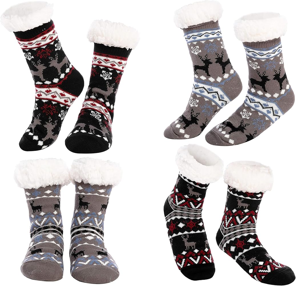 JOYIN 4 PCS Christmas Socks, Fuzzy Slipper Sock, Soft Crew Socks Deer Patterns Fuzzy Slipper Socks for Winter Christmas, Holiday or Birthday Gift