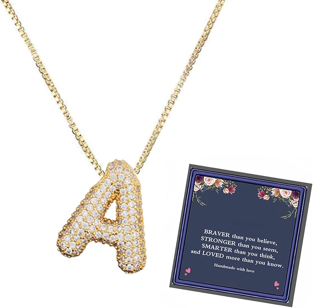 Bubble Letter Necklace for Women, 14k Gold Plated Cubic Zirconia Bubble Initial Necklace, Charm Balloon Dainty Ininial Letter Pendant Necklace Jewelry Gifts