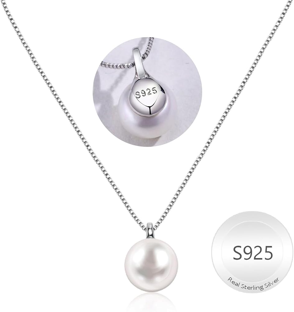 Pearl Necklace for Women, 925 Sterling Silver Pearl Pendant Necklace Jewelry Gift, Mother Day Birthday Wedding Valentines Christmas Party 18K Dainty Single White Pearl Choker Necklaces for Mom Friends Grandma Daughter