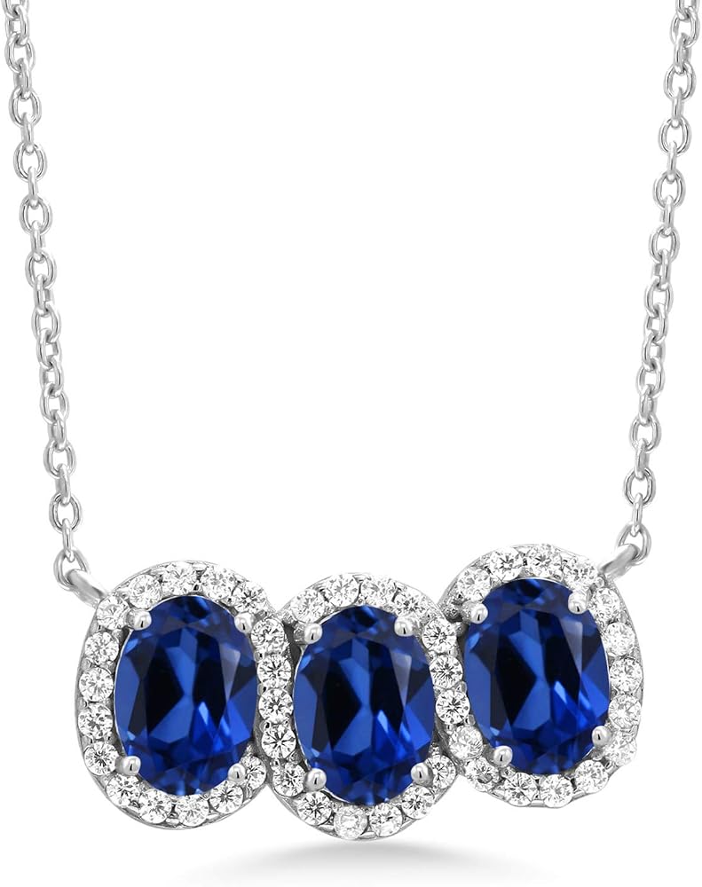 Gem Stone King 925 Sterling Silver Gemstone Birthstone Necklace | 3 Stone Pendant Necklace for Women | Oval 7X5MM | With 18 Inch Silver Chain
