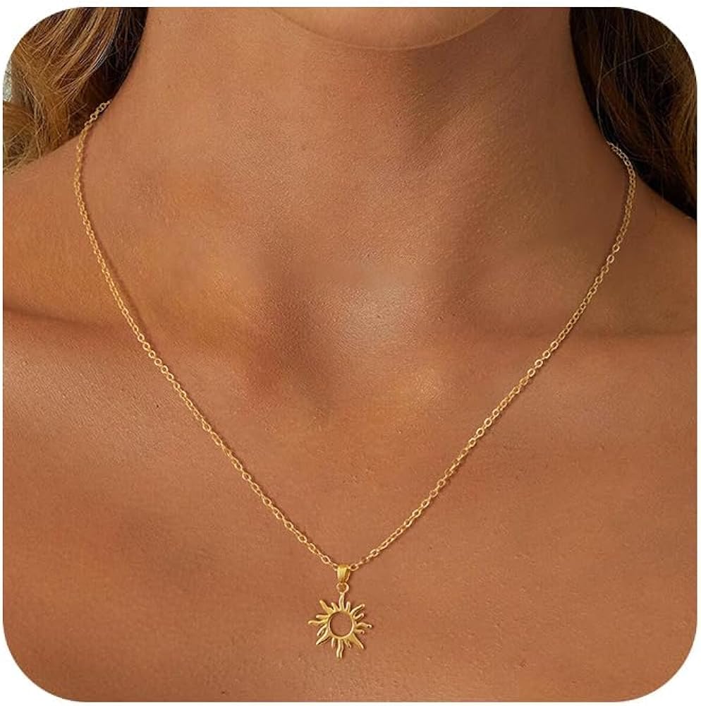 Gold Pendant Necklace for Women 14K Gold Plated Sun Necklace Dainty Trendy Necklace Cute Simple Minimalist Necklace Cubic Zirconia Necklace Sunset Necklace Jewelry for Women
