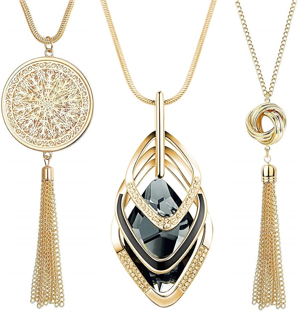 3PCS Long Pendant Necklaces for Women Disk Circle Pendant Triple Stack Pendant Necklace Tassel Sweater Necklace Statement Necklace Y Necklaces Set
